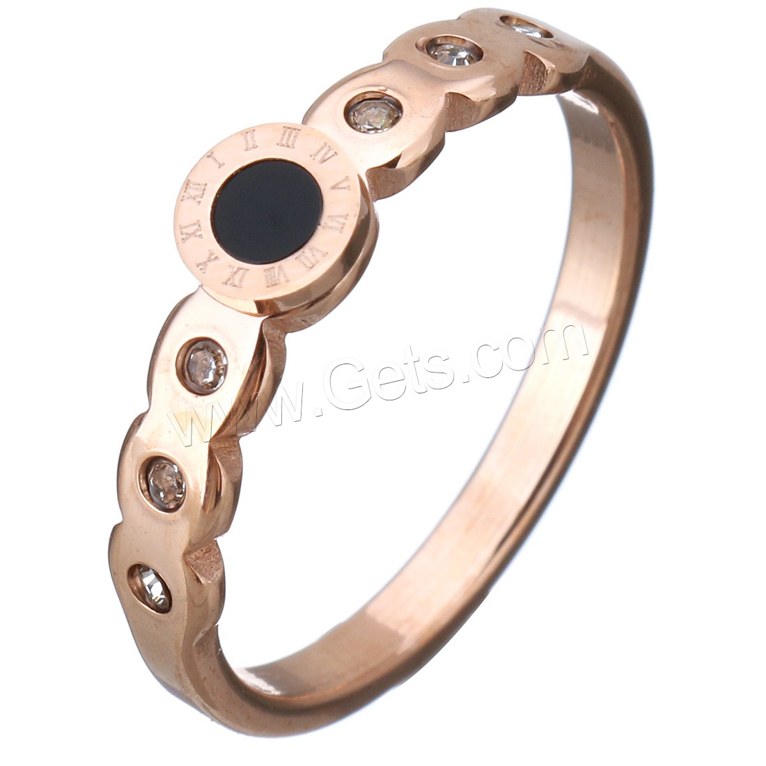 acier inoxydable bague, avec résine, Plaqué de couleur d'or rose, avec chiffre romain & normes différentes pour le choix & pour femme & avec strass, 5mm, Vendu par PC