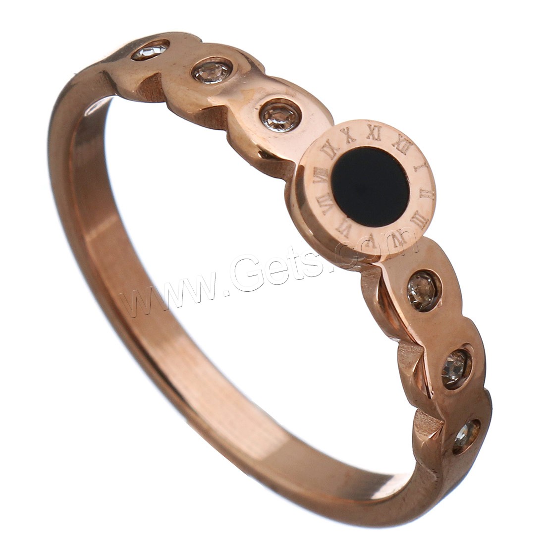 acier inoxydable bague, avec résine, Plaqué de couleur d'or rose, avec chiffre romain & normes différentes pour le choix & pour femme & avec strass, 5mm, Vendu par PC