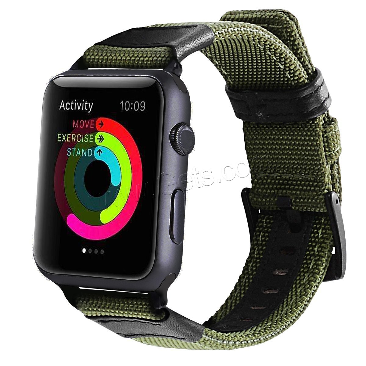 Nylon bracelet de montre, avec cuir PU, acier inoxydable fermoir bande de montre, ionique noire, pour Apple Watch & normes différentes pour le choix, plus de couleurs à choisir, Vendu par PC