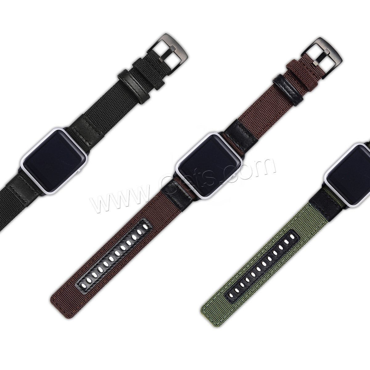 Nylon bracelet de montre, avec cuir PU, acier inoxydable fermoir bande de montre, ionique noire, pour Apple Watch & normes différentes pour le choix, plus de couleurs à choisir, Vendu par PC