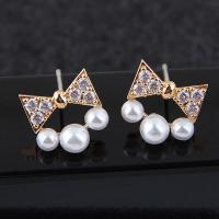 Brass Stud Earring, with ABS Plastic Pearl, Bowknot, plated, for woman & with cubic zirconia nickel, lead & cadmium free, 10mm 