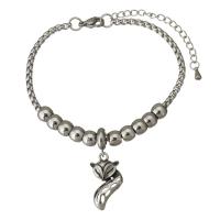 Edelstahl Charm Armband, mit Verlängerungskettchen von 2Inch, Fuchs, einstellbar & Kastenkette & für Frau & Schwärzen, 13x23mm, 6.5x5mm, 3mm, Länge:ca. 7 ZollInch, verkauft von Strang