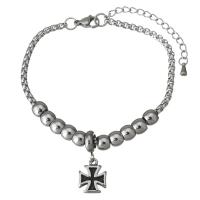 Edelstahl Charm Armband, mit Verlängerungskettchen von 2Inch, Kreuz, Armband  Bettelarmband & einstellbar & Kastenkette & für Frau & Schwärzen, 11x14mm, 6.5x5mm, 3mm, Länge:ca. 7 ZollInch, verkauft von Strang