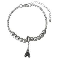 Edelstahl Charm Armband, mit Verlängerungskettchen von 2Inch, Eiffelturm, Armband  Bettelarmband & einstellbar & Kastenkette & für Frau & Schwärzen, 8x21mm, 6.5x5mm, 3mm, Länge:ca. 7 ZollInch, verkauft von Strang