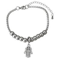 Edelstahl Charm Armband, mit Verlängerungskettchen von 2Inch, Hamsa, Armband  Bettelarmband & einstellbar & Kastenkette & für Frau & Schwärzen, 12x19mm, 6.5x5mm, 3mm, Länge:ca. 7 ZollInch, verkauft von Strang