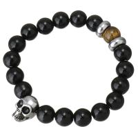 Ágata negra Pulsera, con Ojo de tigre & acero inoxidable, Calavera, para mujer & ennegrezca, 11x16mm, 10mm, longitud:aproximado 7 Inch, Vendido por Sarta