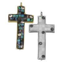 Messing Anhänger, mit Muschel & Seeohr Muschel, Kreuz, plattiert, verschiedenen Materialien für die Wahl & Micro pave Zirkonia & Epoxy Aufkleber, 13x25.5x3mm, Bohrung:ca. 1.5mm, verkauft von PC