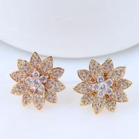 Brass Stud Earring, Flower, real gold plated, micro pave cubic zirconia & for woman, nickel, lead & cadmium free, 15mm 