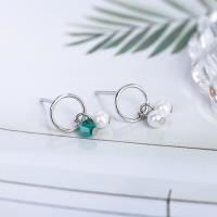 Argent sterling 925 Boucles d'oreilles asymétriques, avec Shell Pearl & perle de verre, Plaqué de platine, pour femme Vendu par paire