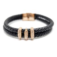 Edelstahl Armband, mit Leder, goldfarben plattiert, Doppelschicht & geflochten & unisex & mit Strass, 12mm, Länge:ca. 8 ZollInch, verkauft von Strang