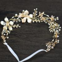 Zinc Alloy Headband, with ABS Plastic Pearl & Satin Ribbon & Crystal, gold color plated, for bridal & faceted & with rhinestone, lead & cadmium free 