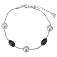 acero inoxidable Pulsera, con Perlas de vidrio, con 1.5Inch extender cadena, chapado, cadena de la serpiente & para mujer, 8x8mm, 9.5x6mm, 1mm, longitud:aproximado 6.5 Inch, Vendido por Sarta