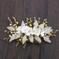 Bridal Decorative Hair Comb, Zinc Alloy, with ABS Plastic Pearl & Crystal, gold color plated, for bridal & faceted & with rhinestone, lead & cadmium free 