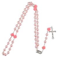 Perlas de vidrio Collar de Rosario, con resina & aleación de zinc, con 6inch extender cadena, Cruces, chapado en color de plata, Joya cristiana & para mujer, Rosado, 8mm, longitud:aproximado 27.5 Inch, Vendido por Sarta