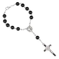 Perlas de vidrio Pulsera de orar perlas, con aleación de zinc, con 3.5inch extender cadena, Cruces, chapado en color de plata, Joya cristiana & para mujer & esmalte, Negro, 8mm, longitud:aproximado 7 Inch, Vendido por Sarta