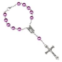 Perlas de vidrio Pulsera de orar perlas, con aleación de zinc, con 3.5inch extender cadena, Cruces, chapado en color de plata, unisexo & Joya cristiana, más colores para la opción, 8mm, longitud:aproximado 7 Inch, Vendido por Sarta