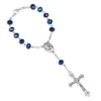 Perlas de vidrio Pulsera de orar perlas, con aleación de zinc, con 3.5inch extender cadena, Cruces, chapado en color de plata, unisexo & Joya cristiana, azul, 6x8mm, longitud:aproximado 7 Inch, Vendido por Sarta