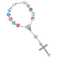 Arcilla polimero Pulsera de orar perlas, con aleación de zinc, con 3.5inch extender cadena, Cruces, chapado en color de plata, unisexo & Joya cristiana, multicolor, 8mm, longitud:aproximado 7 Inch, Vendido por Sarta