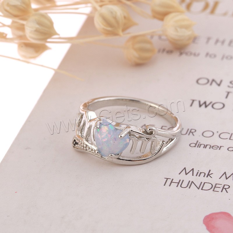 Zinc Alloy Finger Ring, with Opal, Heart, silver color plated, different size for choice & for woman, Sold By PC