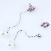 Brass Split Earring, with ABS Plastic Pearl, Lip, platinum plated, micro pave cubic zirconia & for woman, nickel, lead & cadmium free 