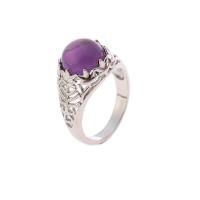 Zinc Alloy Finger Ring, with Amethyst, silver color plated 