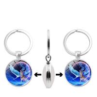 Fashion Time Gem Keychain Key Ring, Zinc Alloy, with Glass, Flat Round, silver color plated, time gem jewelry & Unisex & decal, lead & cadmium free, 30mm 