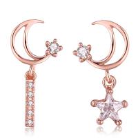 laiton Boucles d'oreilles asymétriques, Lune et Etoile, Placage, pour femme & avec zircone cubique, plus de couleurs à choisir, protéger l'environnement, sans nickel, plomb et cadmium -18mm, Vendu par paire