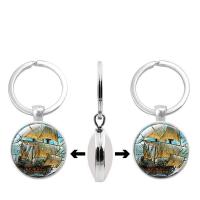 Fashion Time Gem Keychain Key Ring, Zinc Alloy, with Glass, Flat Round, silver color plated, time gem jewelry & Unisex & decal, lead & cadmium free, 30mm 