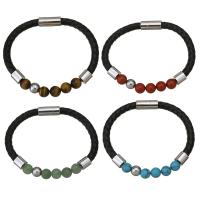 acier inoxydable bracelet, avec cuir PU & pierre gemme, différents matériaux pour le choix & unisexe, couleur originale, 8mm, 6mm Environ 8 pouce, Vendu par brin