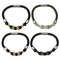 PU Leather Bracelet, with Gemstone & Black Agate & Brass, Crown, plated, Unisex & micro pave cubic zirconia 6mm Approx 8 Inch 