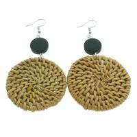 Canne Boucle d'oreille goutte, avec bois, laiton boucle d'oreille crochet, Plat rond, motif tissé & pour femme Vendu par paire