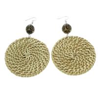 Canne Boucle d'oreille goutte, avec bois, laiton boucle d'oreille crochet, Plat rond, motif tissé & pour femme Vendu par paire