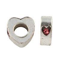 grano Europeo de aleación Zinc con diamante, aleación de zinc, Corazón Aplanada, chapado en color de platina, sin rosca & con diamantes de imitación, libre de plomo & cadmio, 4x10x9mm, agujero:aproximado 5mm, Vendido por UD