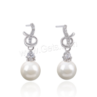 plata de ley 925 Pendientes con Colgantes, con Shell Pearl, micro arcilla de zirconia cúbica & para mujer, 8.5x23.7mm, Vendido por Par