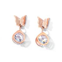 Acier titane Boucle d'oreille goutte, papillon, Plaqué de couleur d'or rose, pour femme & avec zircone cubique, 22mm, Vendu par paire