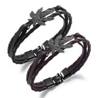 alliage de zinc bracelet, avec cuir PU, feuille, pistolet noir plaqué, pour homme & 3 brins, plus de couleurs à choisir, 44mm Environ 8 pouce, Vendu par brin