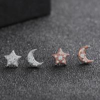 plata de ley 925 Pendientes asimétricos, Luna y estrella, chapado, micro arcilla de zirconia cúbica & para mujer, más colores para la opción, 8.4x8mm, 6.4x8.3mm, Vendido por Par