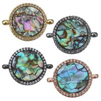 Brass Connector, with Abalone Shell, Flat Round, plated, mosaic & micro pave cubic zirconia & 1/1 loop Approx 1.5mm 