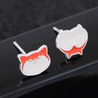 laiton Boucles d’oreilles asymétriques stud, chat, Plaqué de platine, pour femme & émail, protéger l'environnement, sans nickel, plomb et cadmium, 8mm, Vendu par paire