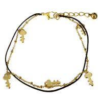 Edelstahl Charm Armband, mit Nylonschnur, mit Verlängerungskettchen von 1.5Inch, Schlüssel, goldfarben plattiert, Armband  Bettelarmband & mit Glocke & Oval-Kette & für Frau & 2 strängig, 6.5x13mm, 1x2mm, 2x1.5mm, 1mm, Länge:ca. 9 ZollInch, verkauft von Strang