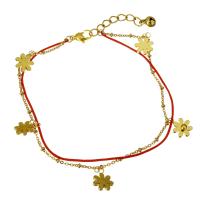 Edelstahl Charm Armband, mit Nylonschnur, mit Verlängerungskettchen von 1.5Inch, Blume, goldfarben plattiert, Armband  Bettelarmband & mit Glocke & Oval-Kette & für Frau & 2 strängig, 10x13mm, 1x2.5mm, 2x1.5mm, 1mm, Länge:ca. 9 ZollInch, verkauft von Strang