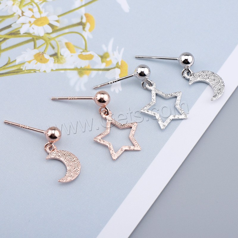 925 Sterling Silver Asymmetric Stud Earrings, Moon and Star, plated, different styles for choice & for woman, more colors for choice, 7.5mm, 9.5mm, 4mm, Sold By Pair