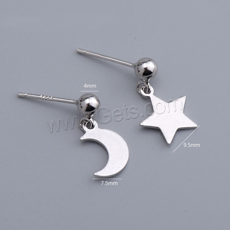 925 Sterling Silver Asymmetric Stud Earrings, Moon and Star, plated, different styles for choice & for woman, more colors for choice, 7.5mm, 9.5mm, 4mm, Sold By Pair