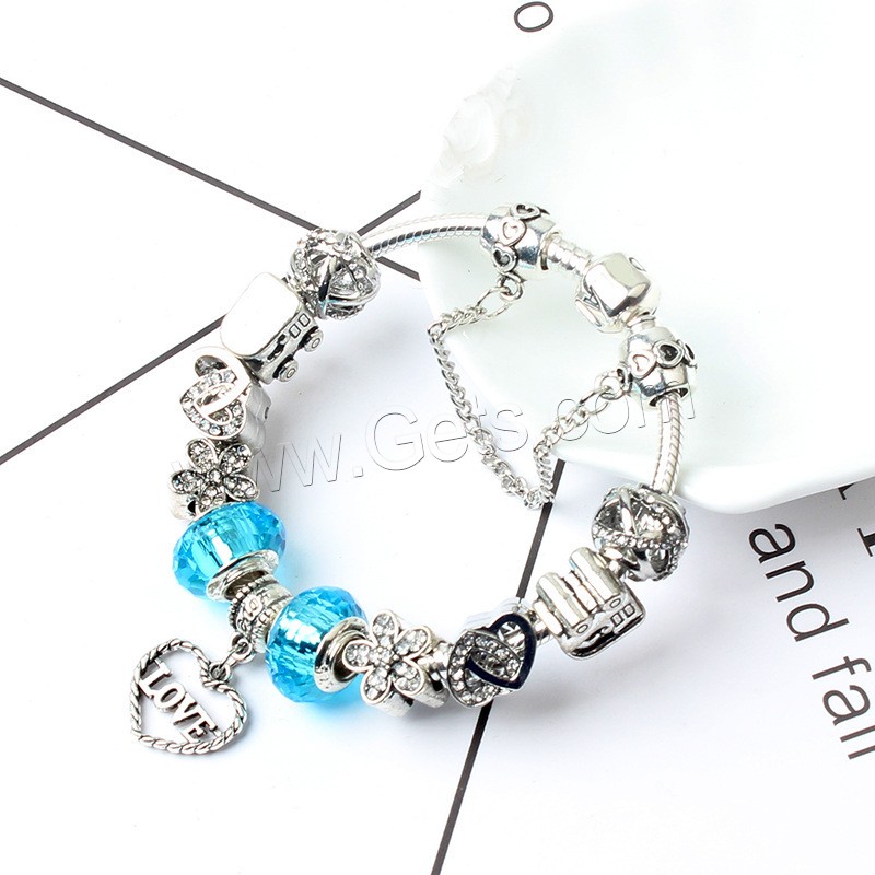 aleación de zinc Pulsera de Europeo, con Cristal de murano, chapado en color de plata, longitud diferente para la opción & cadena de la serpiente & para mujer & con diamantes de imitación, Vendido por Sarta