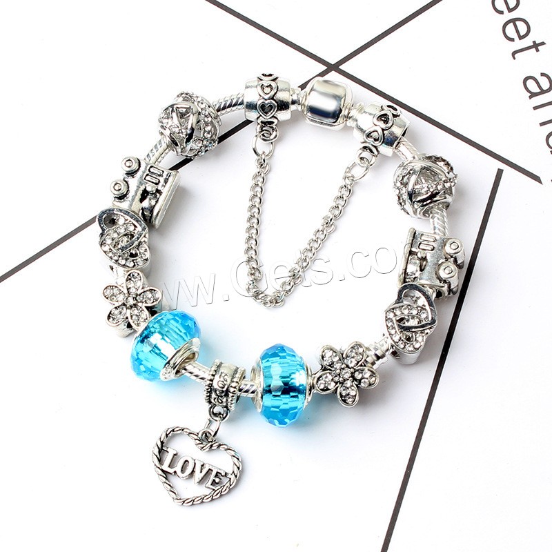 aleación de zinc Pulsera de Europeo, con Cristal de murano, chapado en color de plata, longitud diferente para la opción & cadena de la serpiente & para mujer & con diamantes de imitación, Vendido por Sarta