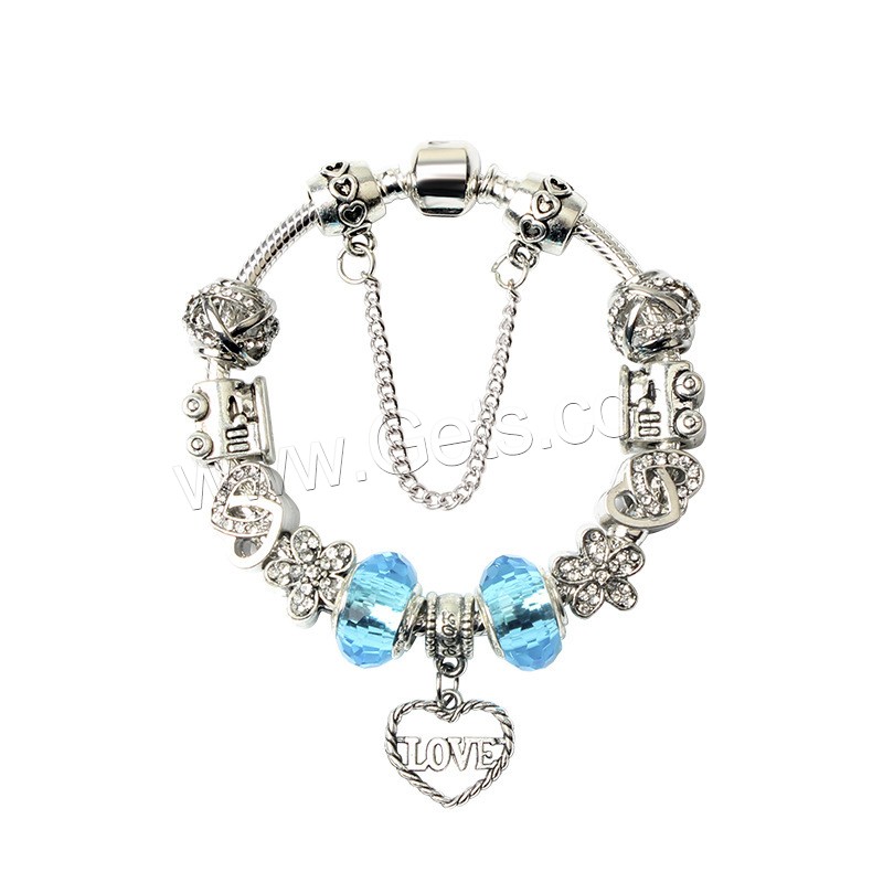 aleación de zinc Pulsera de Europeo, con Cristal de murano, chapado en color de plata, longitud diferente para la opción & cadena de la serpiente & para mujer & con diamantes de imitación, Vendido por Sarta