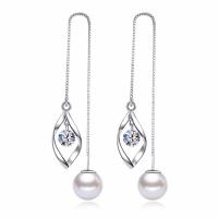 laiton boucles d'oreilles chaîne, avec perle d'eau douce cultivée, Plaqué de platine, pour femme & avec strass, protéger l'environnement, sans nickel, plomb et cadmium, 113mm, Vendu par paire