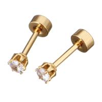 Edelstahl Ohrpiercing Schmuck, goldfarben plattiert, für Frau & mit Strass, 4x4x11mm, 12PaarePärchen/Menge, verkauft von Menge