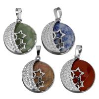 Gemstone Brass Pendants, with Gemstone, Flat Round, silver color plated Approx 