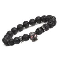 Lava Bead Bracelet, Skull, plated, Unisex & micro pave cubic zirconia, black Approx 7.1 Inch 